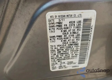 2011 Nissan Rogue Sv from USA, damaged, VIN JN8AS5MV5BW293111